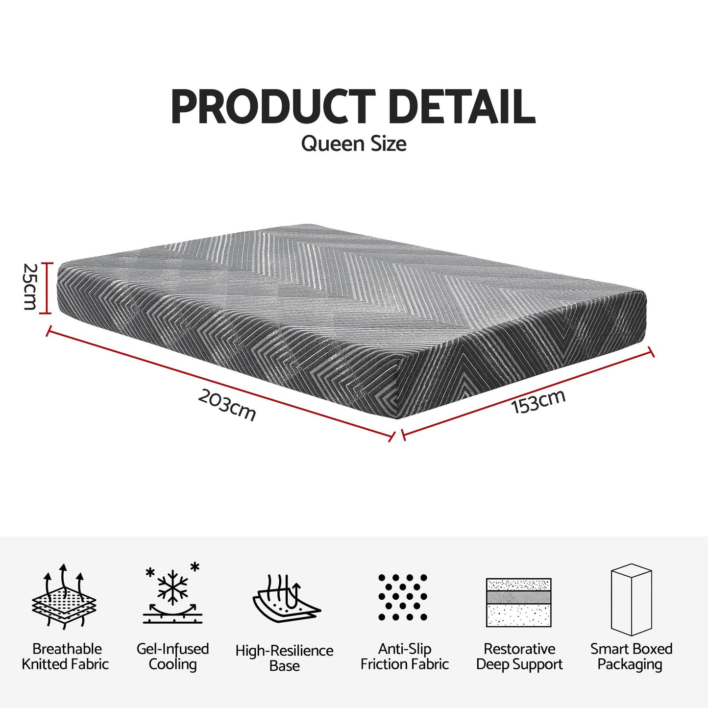 Elsie 25cm Memory Foam Mattress Gel Infused Foam Removable Cover - Queen
