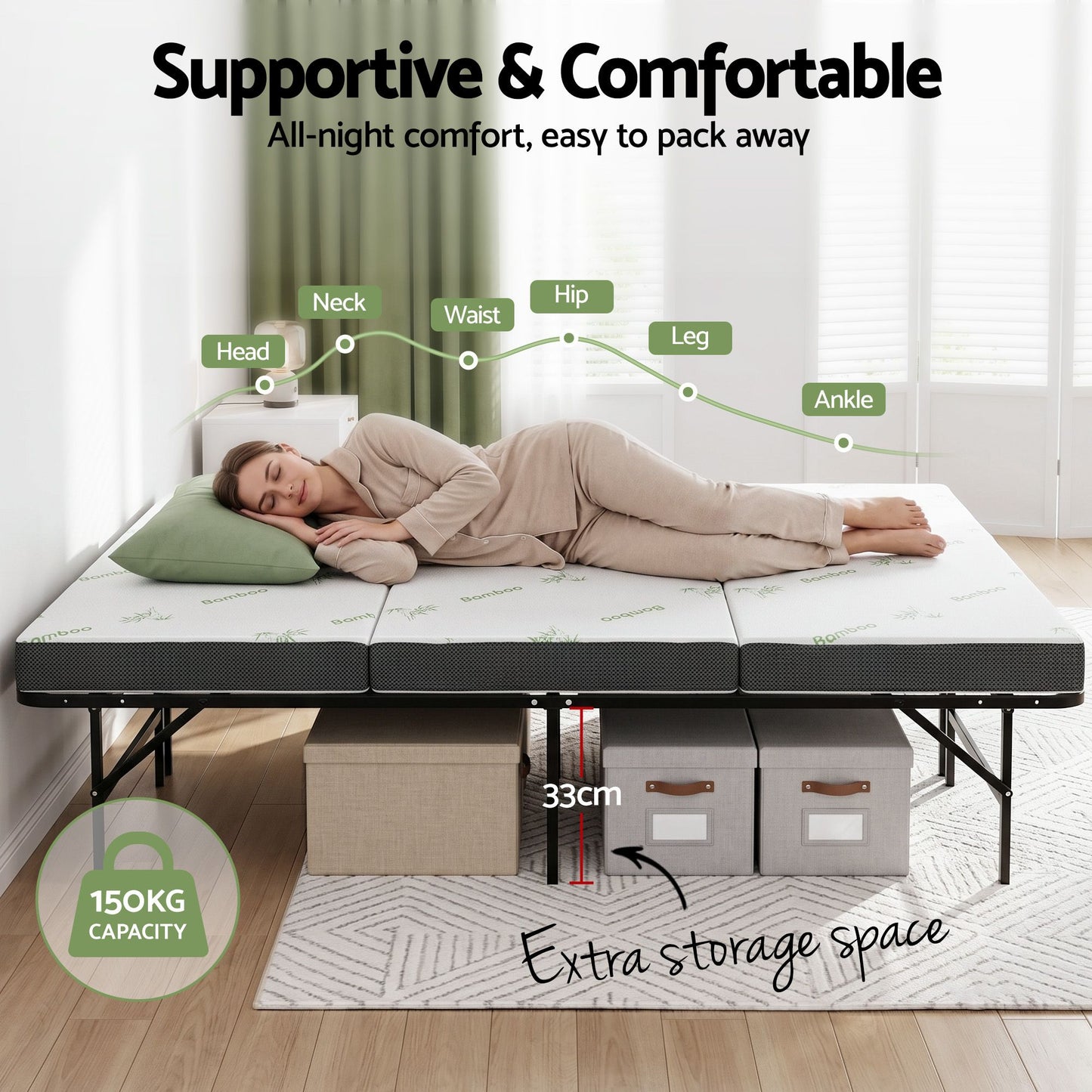 Aeliana Folding Bed with Mattress Queen Portable Foldable Guest Bed Bamboo Cover - Double