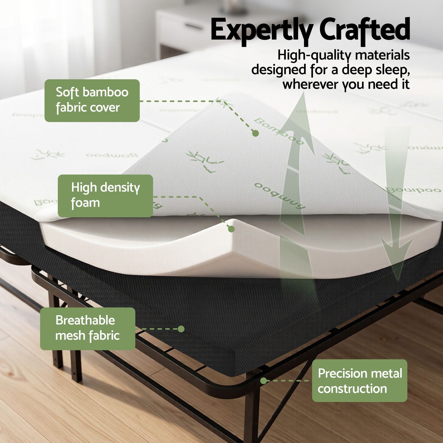 Aeliana Folding Bed with Mattress Queen Portable Foldable Guest Bed Bamboo Cover - Double