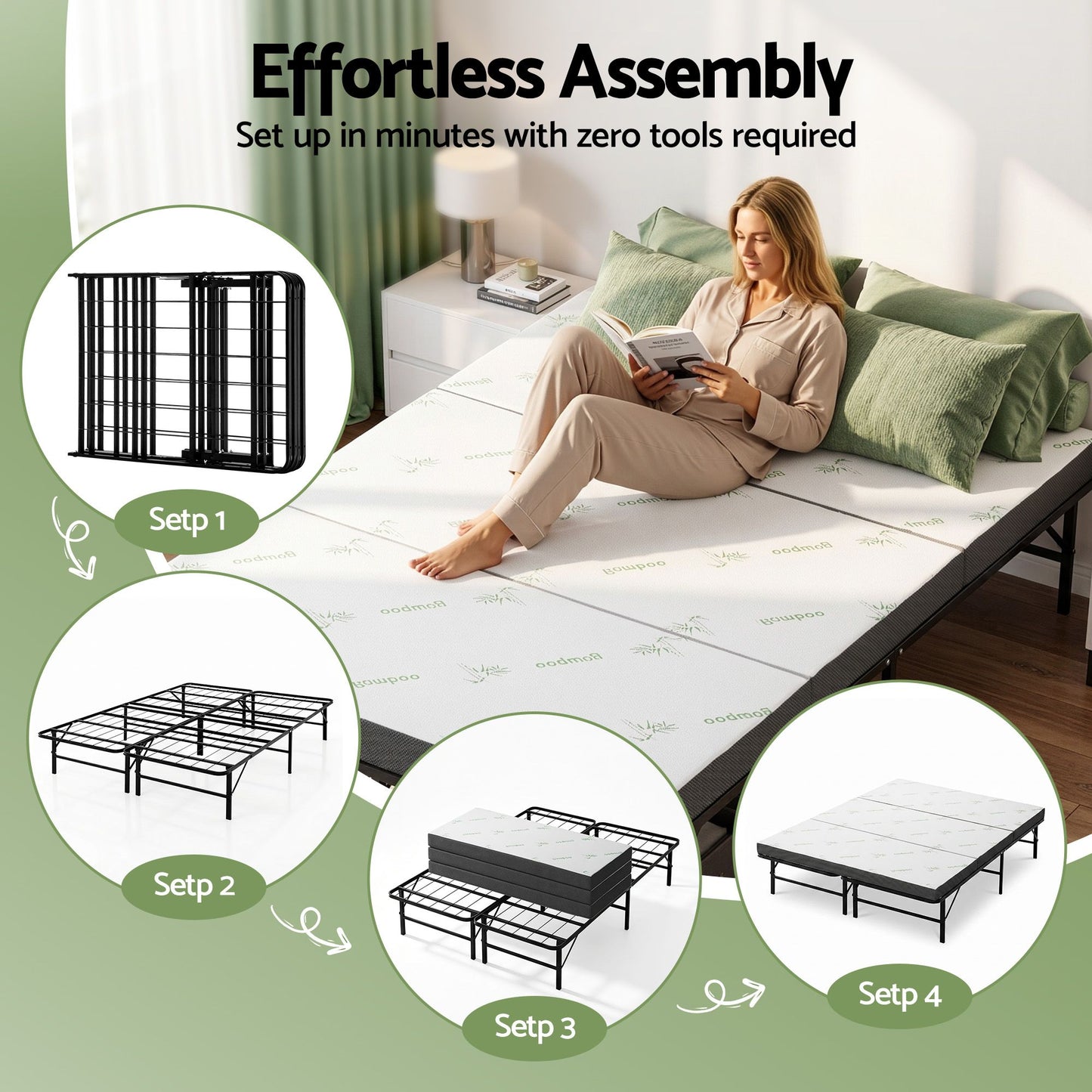 Aeliana Folding Bed with Mattress Queen Portable Foldable Guest Bed Bamboo Cover - Double