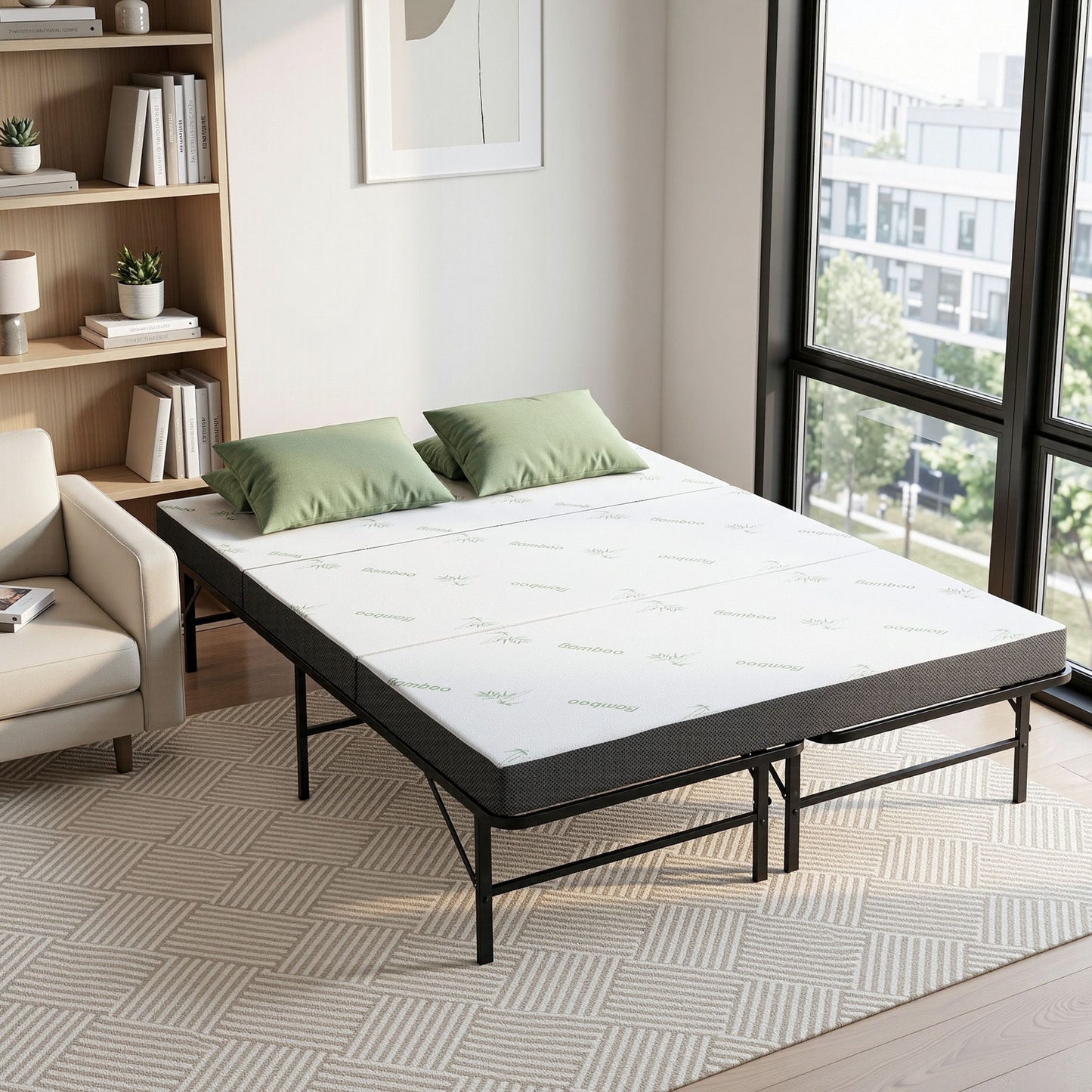 Aeliana Folding Bed with Mattress Queen Portable Foldable Guest Bed Bamboo Cover - Double