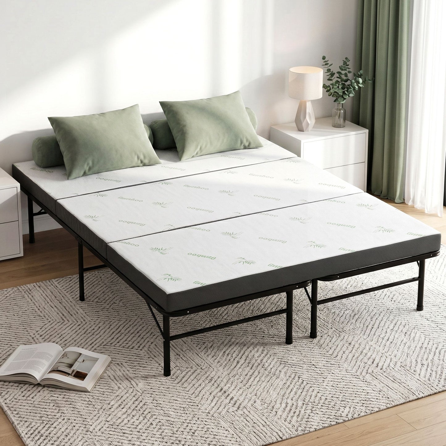 Aeliana Folding Bed with Mattress Queen Portable Foldable Guest Bed Bamboo Cover - Queen