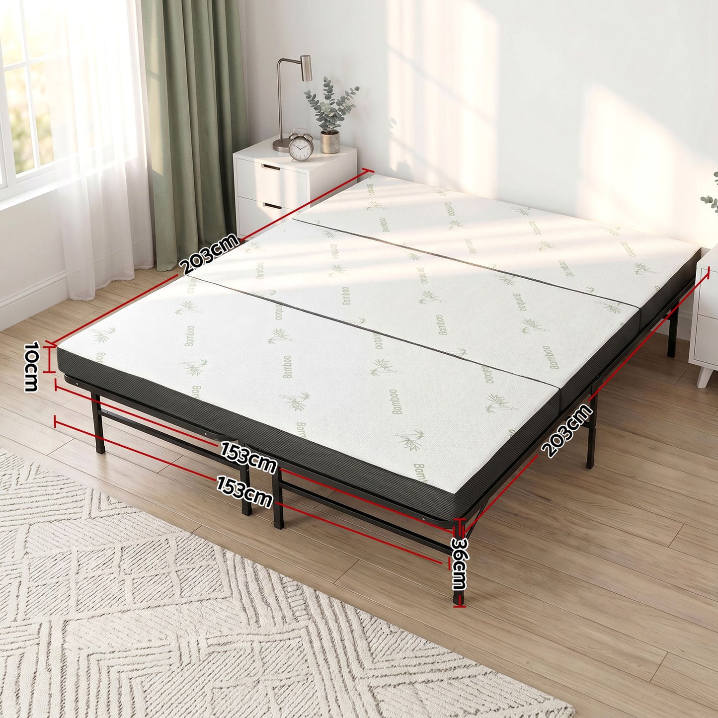 Aeliana Folding Bed with Mattress Queen Portable Foldable Guest Bed Bamboo Cover - Queen