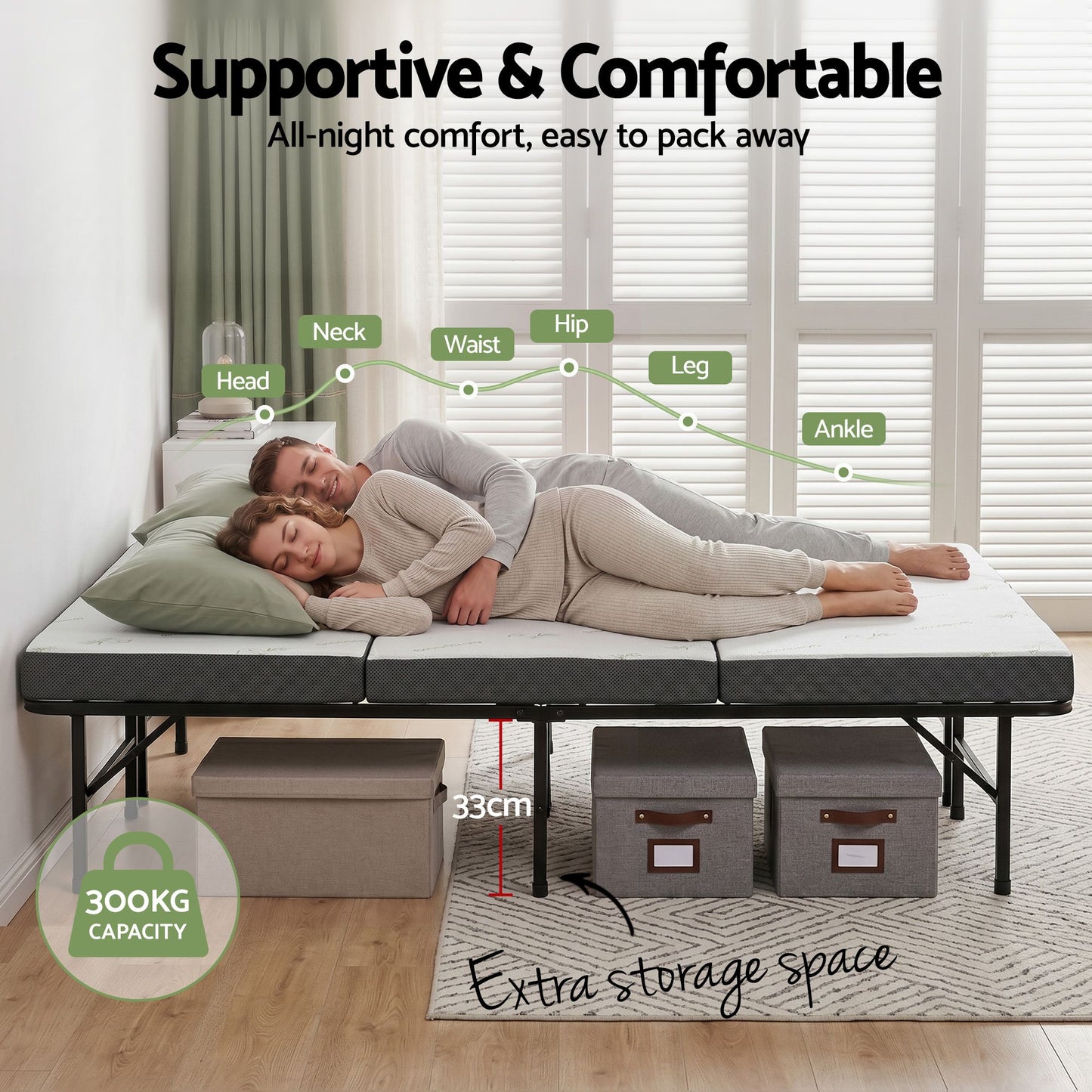 Aeliana Folding Bed with Mattress Queen Portable Foldable Guest Bed Bamboo Cover - Queen