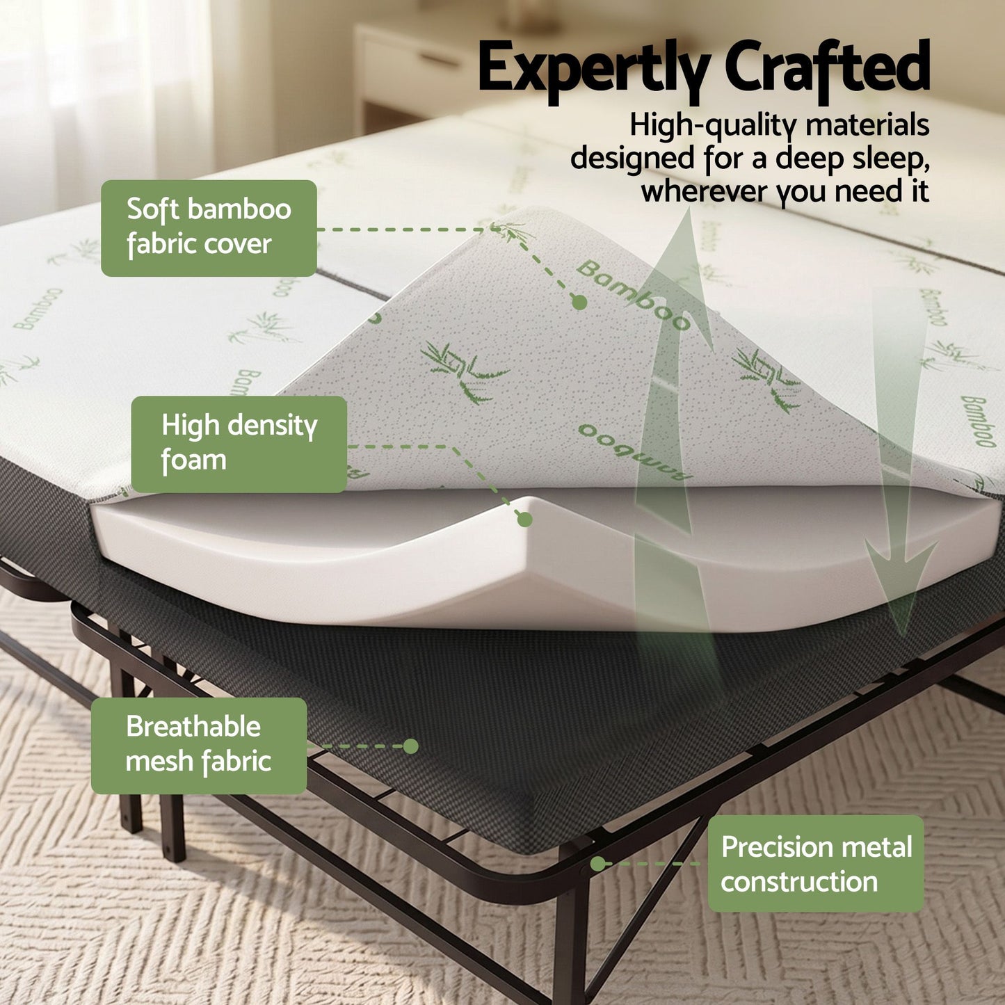Aeliana Folding Bed with Mattress Queen Portable Foldable Guest Bed Bamboo Cover - Queen