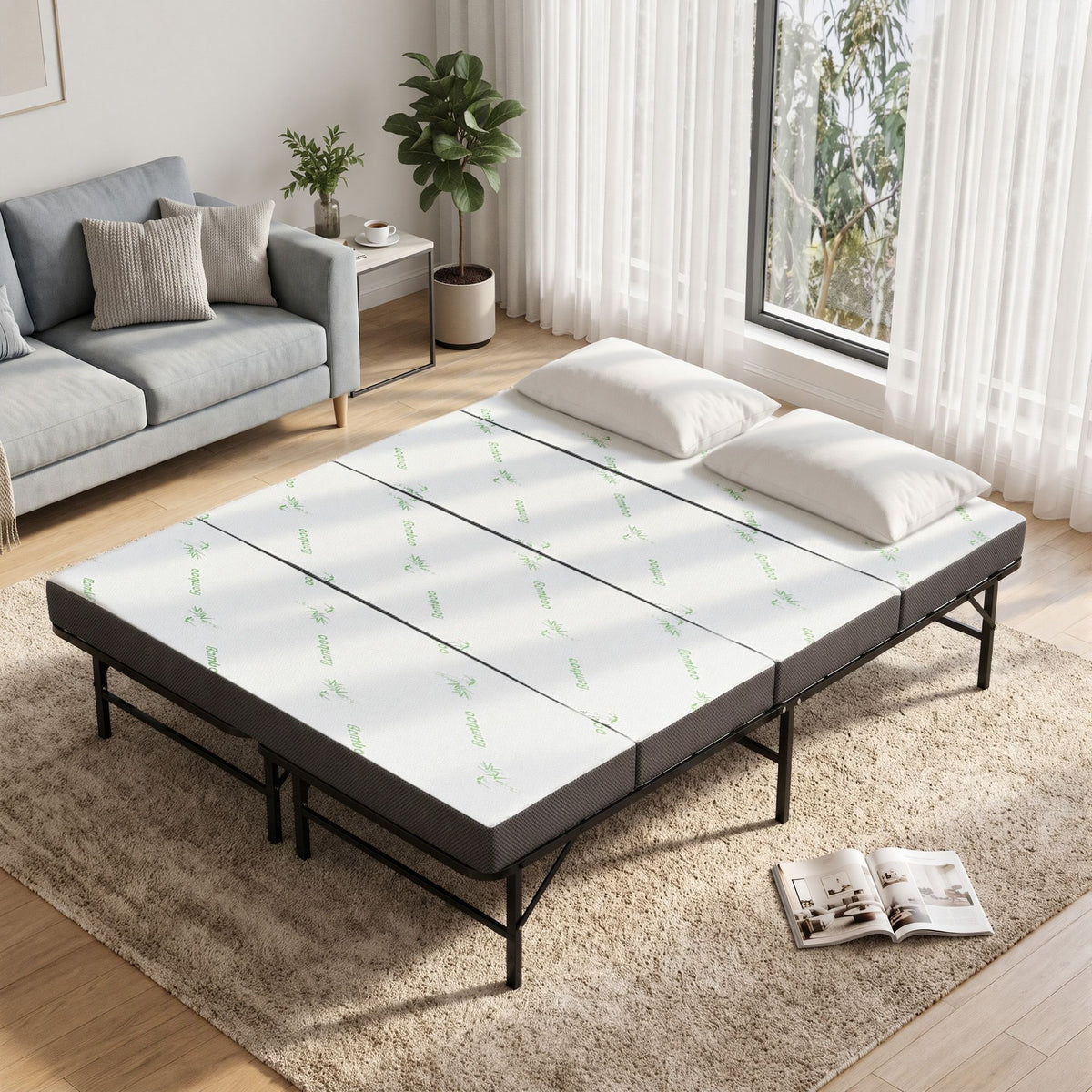 Rinkite Bed & Mattress Package with 10cm 4-Fold Folding Mattress Metal Frame - Black Queen