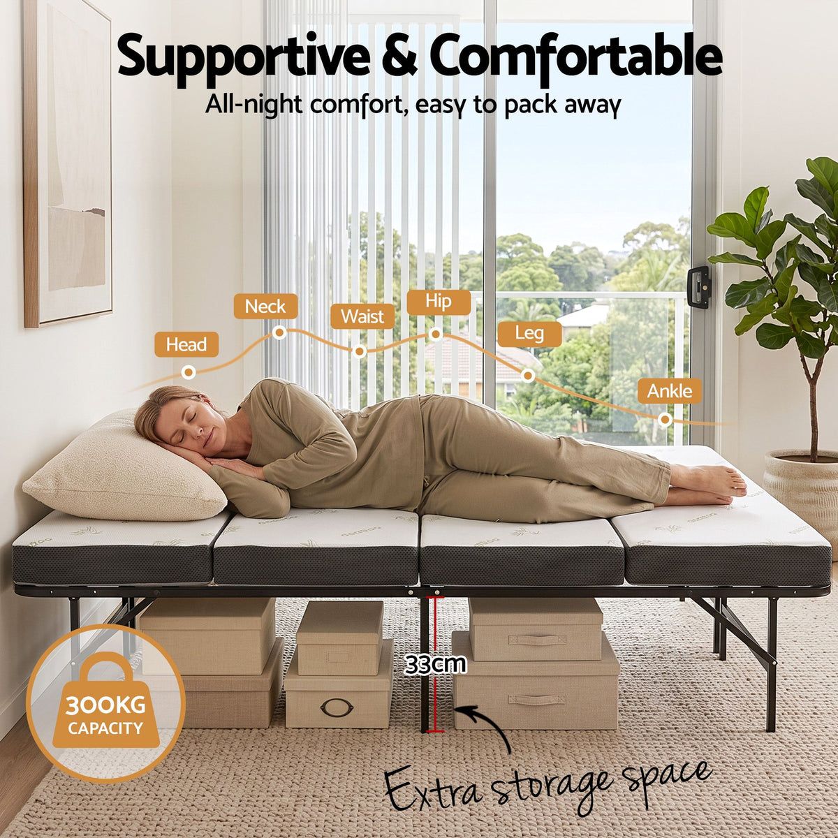 Rinkite Bed & Mattress Package with 10cm 4-Fold Folding Mattress Metal Frame - Black Queen