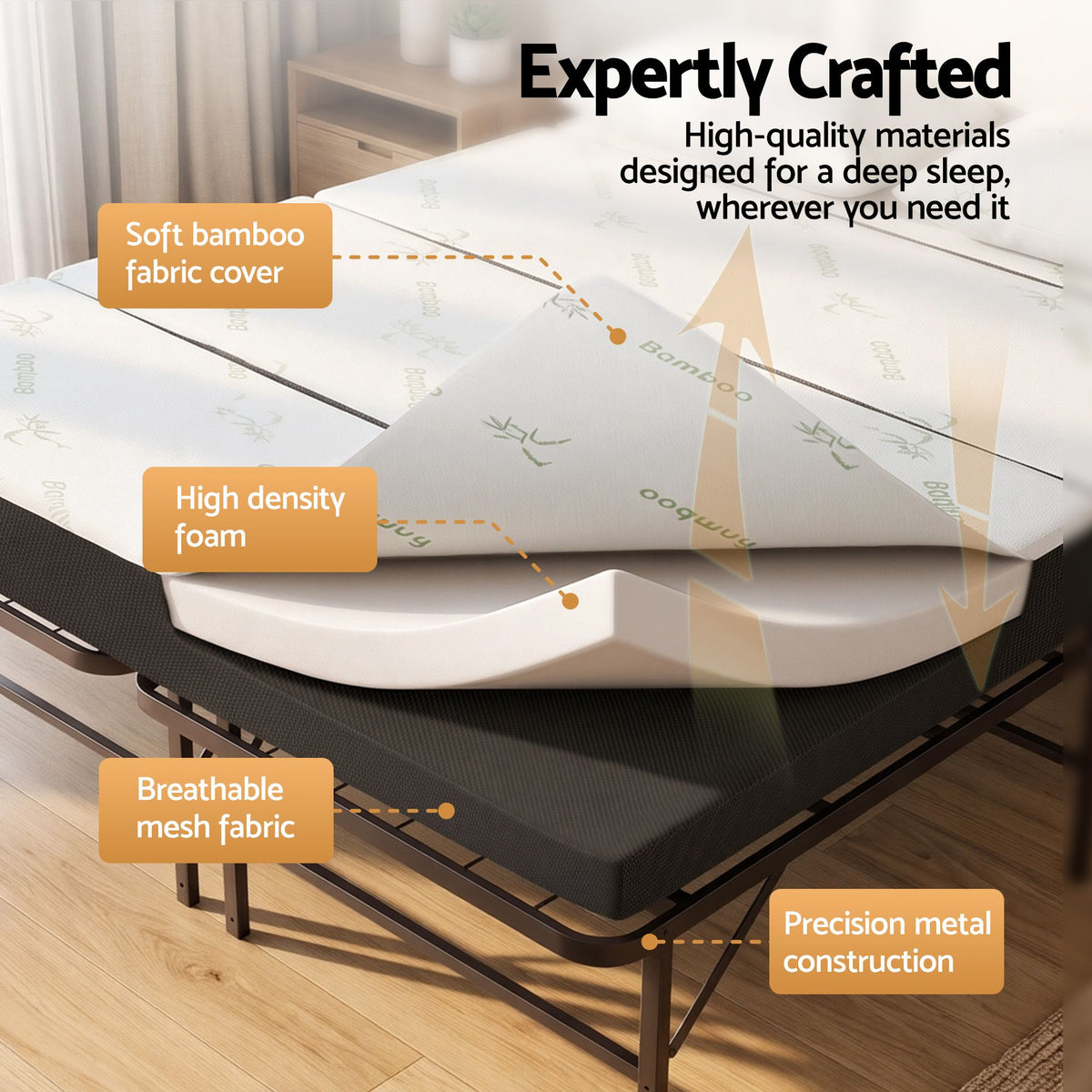 Rinkite Bed & Mattress Package with 10cm 4-Fold Folding Mattress Metal Frame - Black Queen