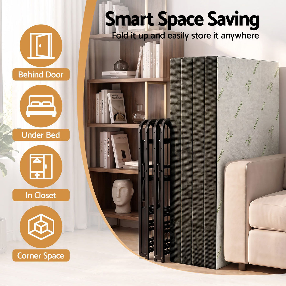 Rinkite Bed & Mattress Package with 10cm 4-Fold Folding Mattress Metal Frame - Black Queen