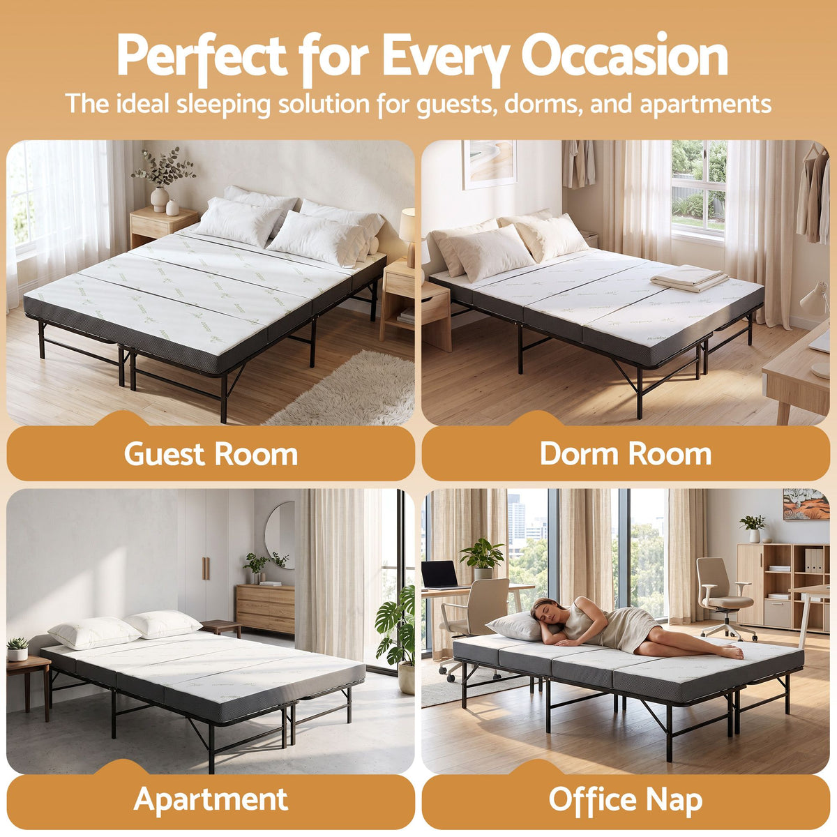 Rinkite Bed & Mattress Package with 10cm 4-Fold Folding Mattress Metal Frame - Black Queen