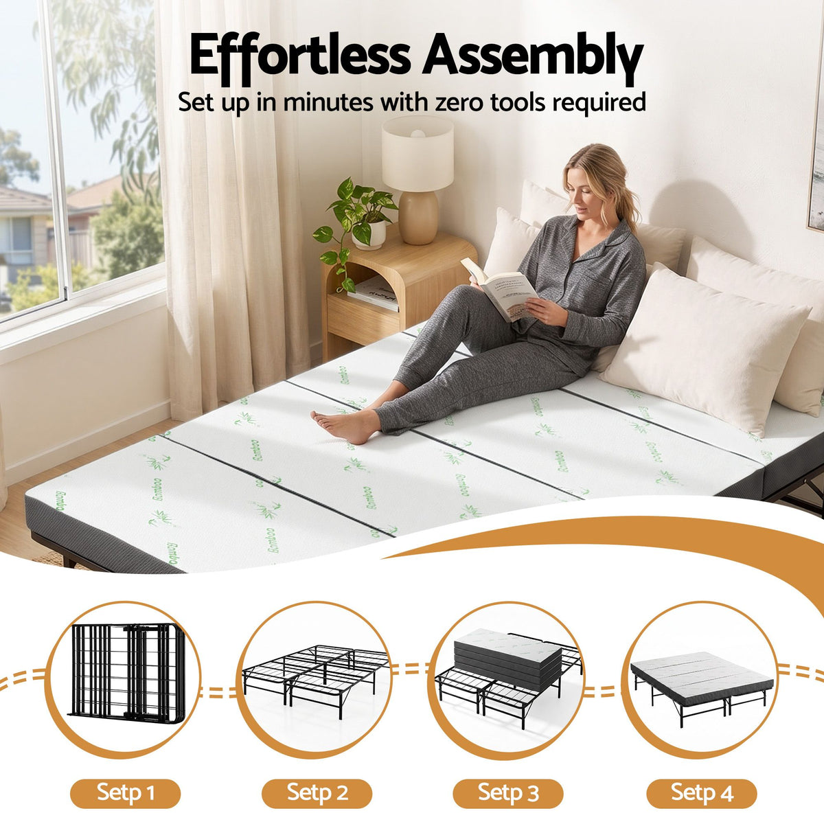 Rinkite Bed & Mattress Package with 10cm 4-Fold Folding Mattress Metal Frame - Black Queen