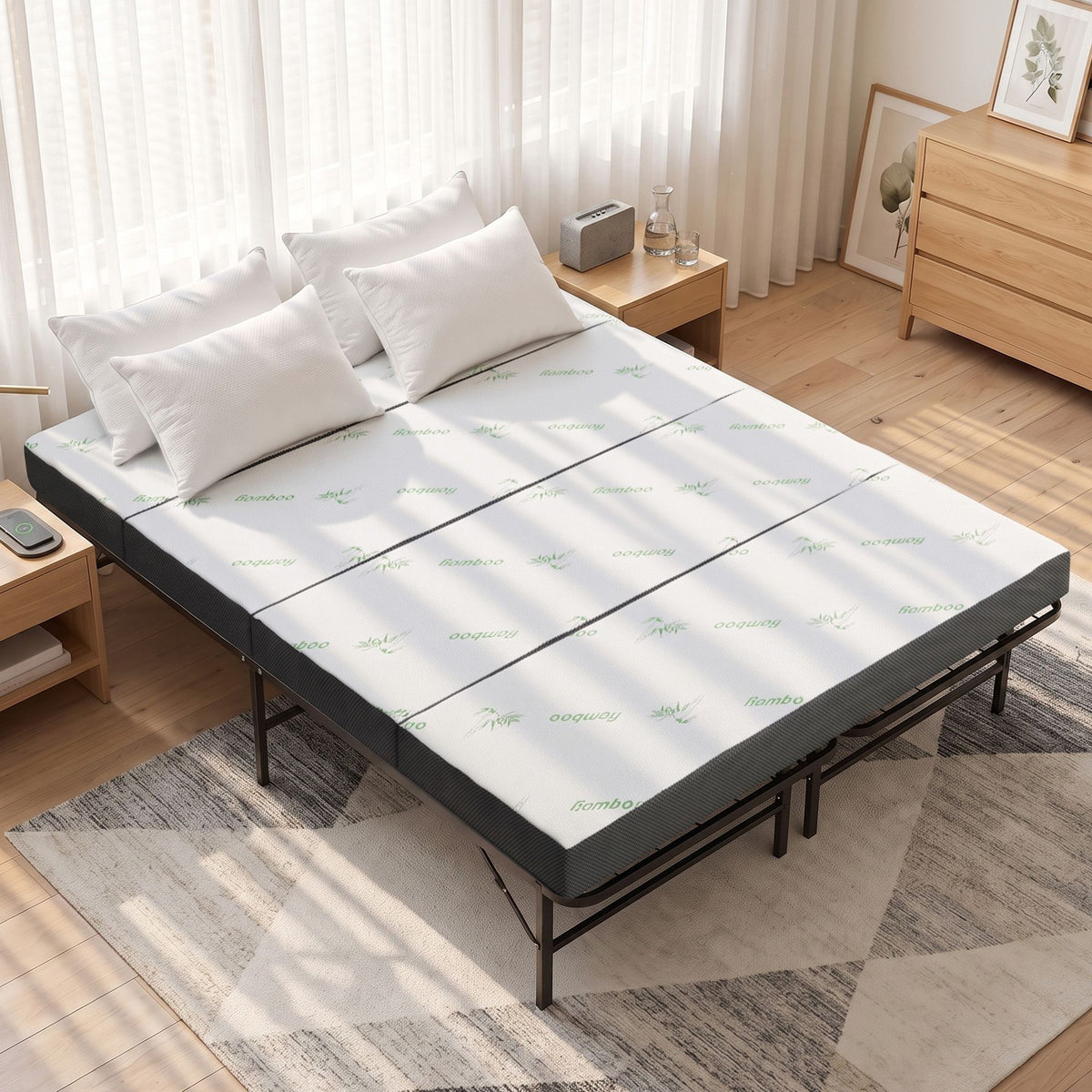 Rinkite Bed & Mattress Package with 10cm 4-Fold Folding Mattress Metal Frame - Black Queen
