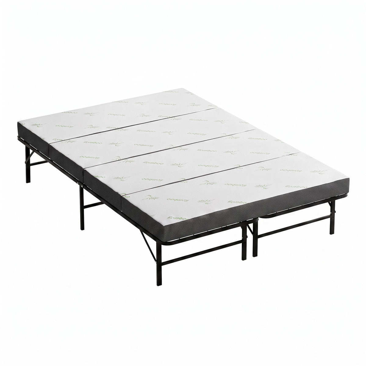 Rinkite Bed & Mattress Package with 10cm 4-Fold Folding Mattress Metal Frame - Black Queen