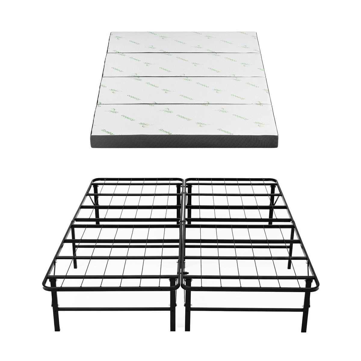Rinkite Bed & Mattress Package with 10cm 4-Fold Folding Mattress Metal Frame - Black Queen