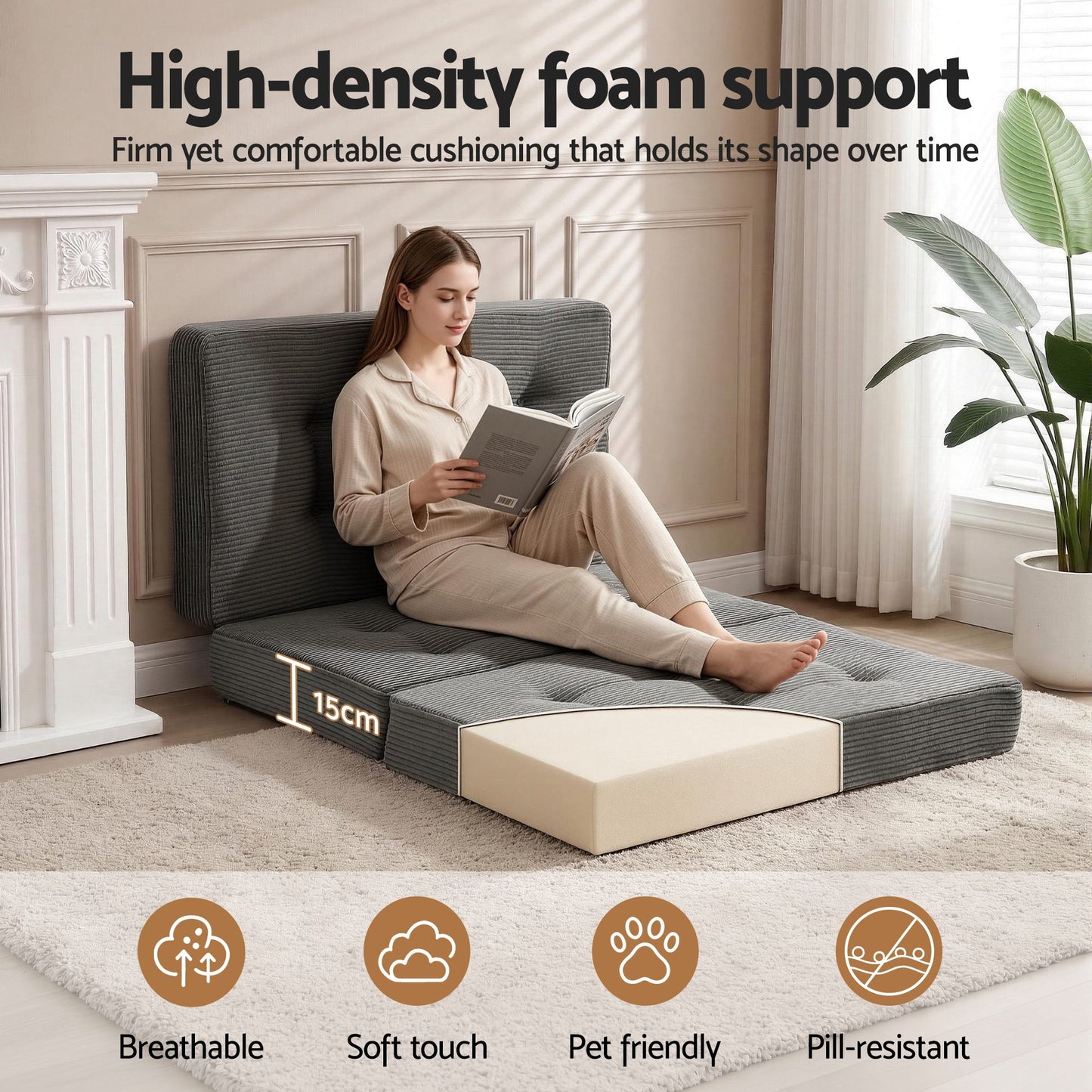 Varek Single Folding Mattress 15cm Foldable Foam Portable Guest Sofa Bed Camping Mat - Single