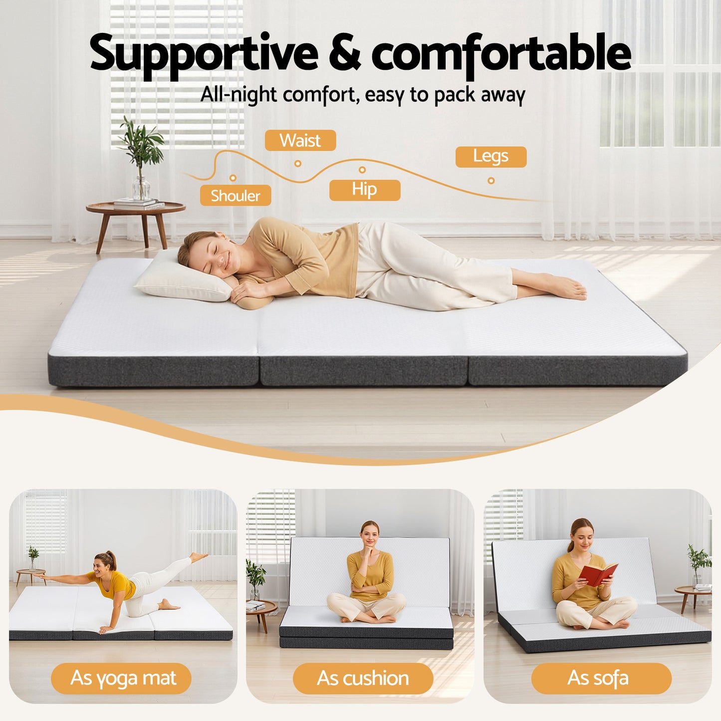 Meliora Foldable Mattress Folding Sofa Bed Tri-Fold Memory Foam Tencel Queen - Queen
