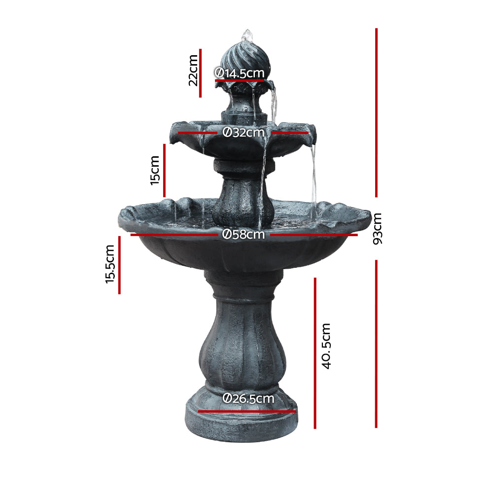 Solar Water Feature 3-Tier Fountain with Pump Kit Bird Bath 93cm - Black