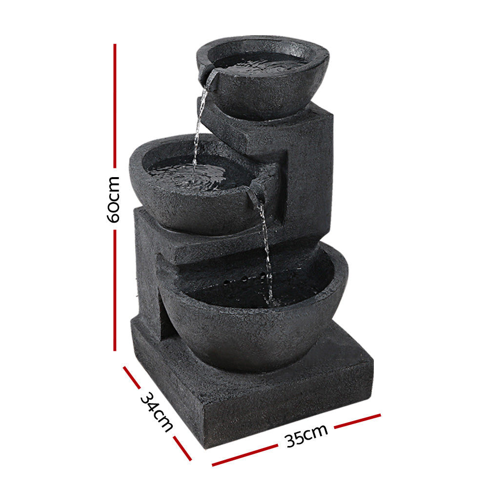 Solar Water Feature Cascading Fountain 3-Tier Bowl LED Lights 60cm - Blue