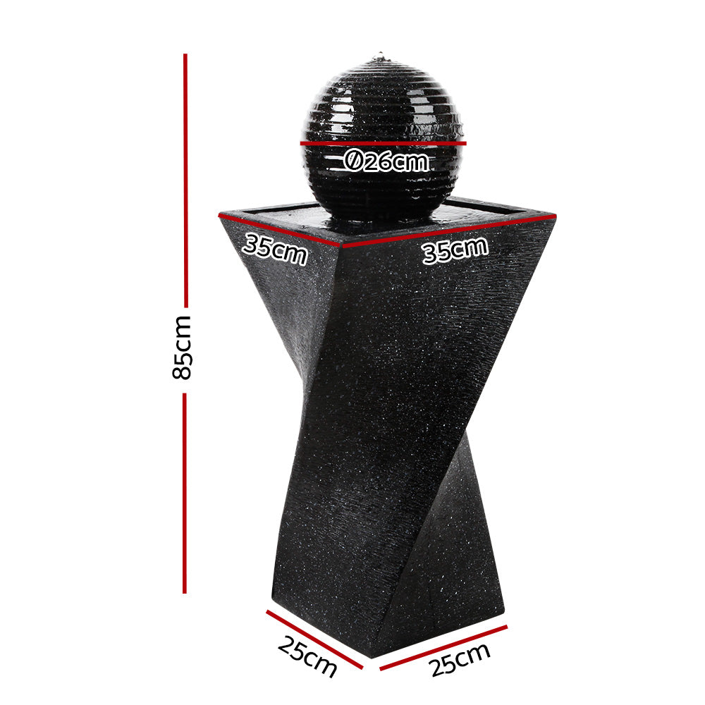 Solar Water Feature Twisted Fountain LED Light Bird Bath 85cm - Black