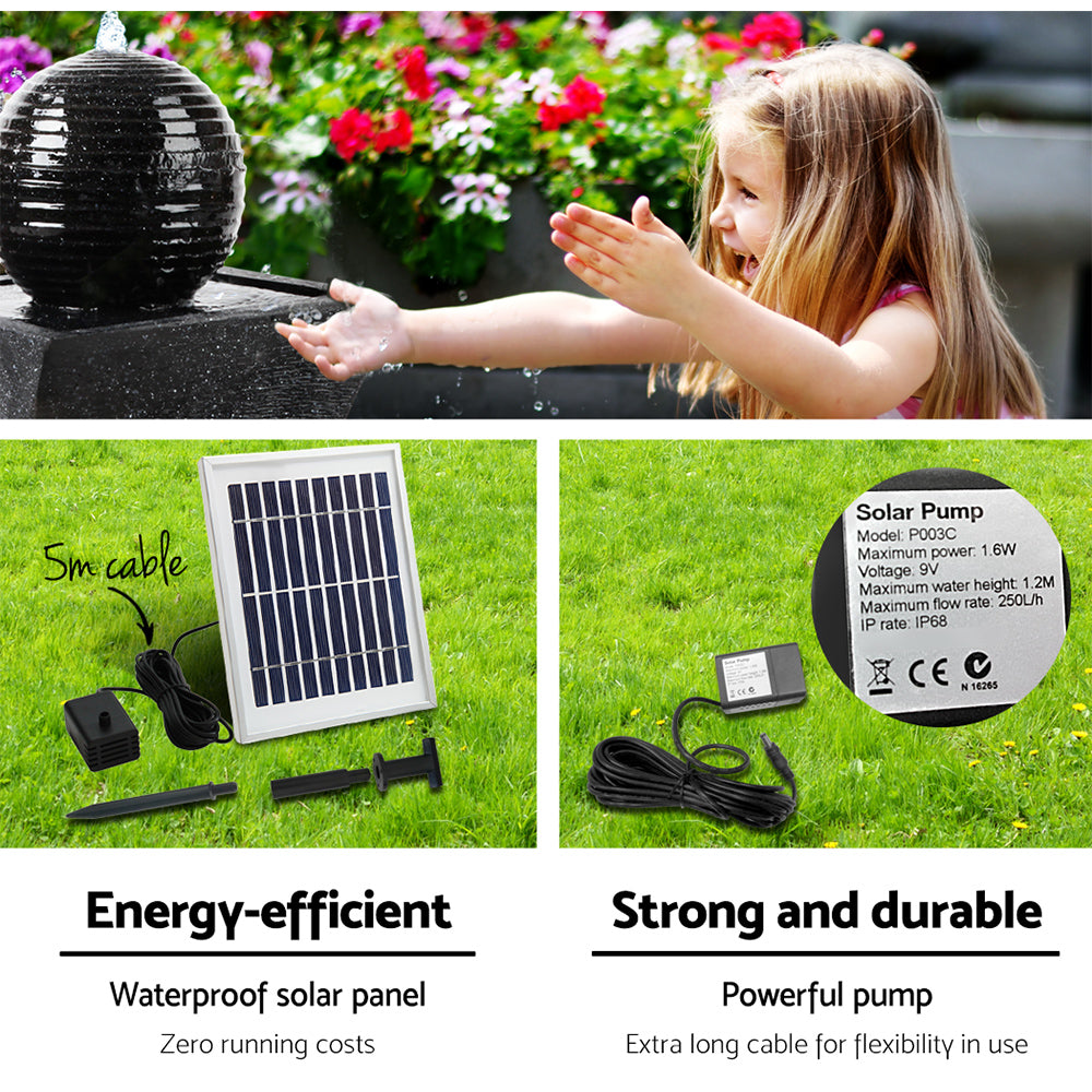 Solar Water Feature Twisted Fountain LED Light Bird Bath 85cm - Black