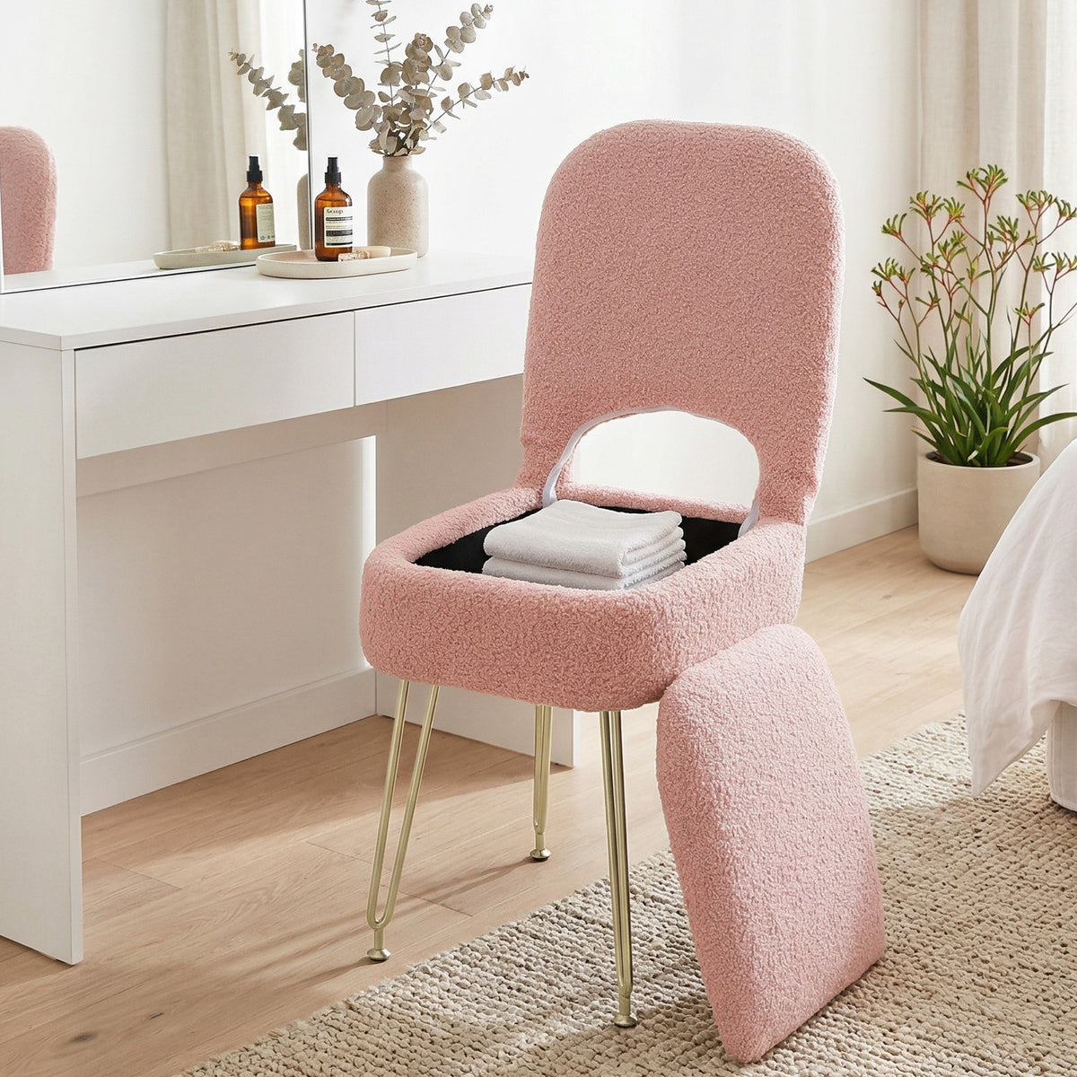Storage Ottoman Vanity Stool Foot Stool Folding Back - Pink