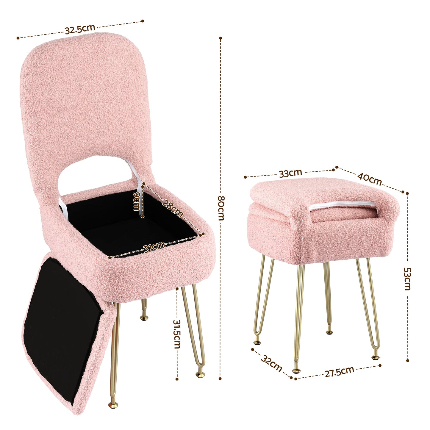 Storage Ottoman Vanity Stool Foot Stool Folding Back - Pink