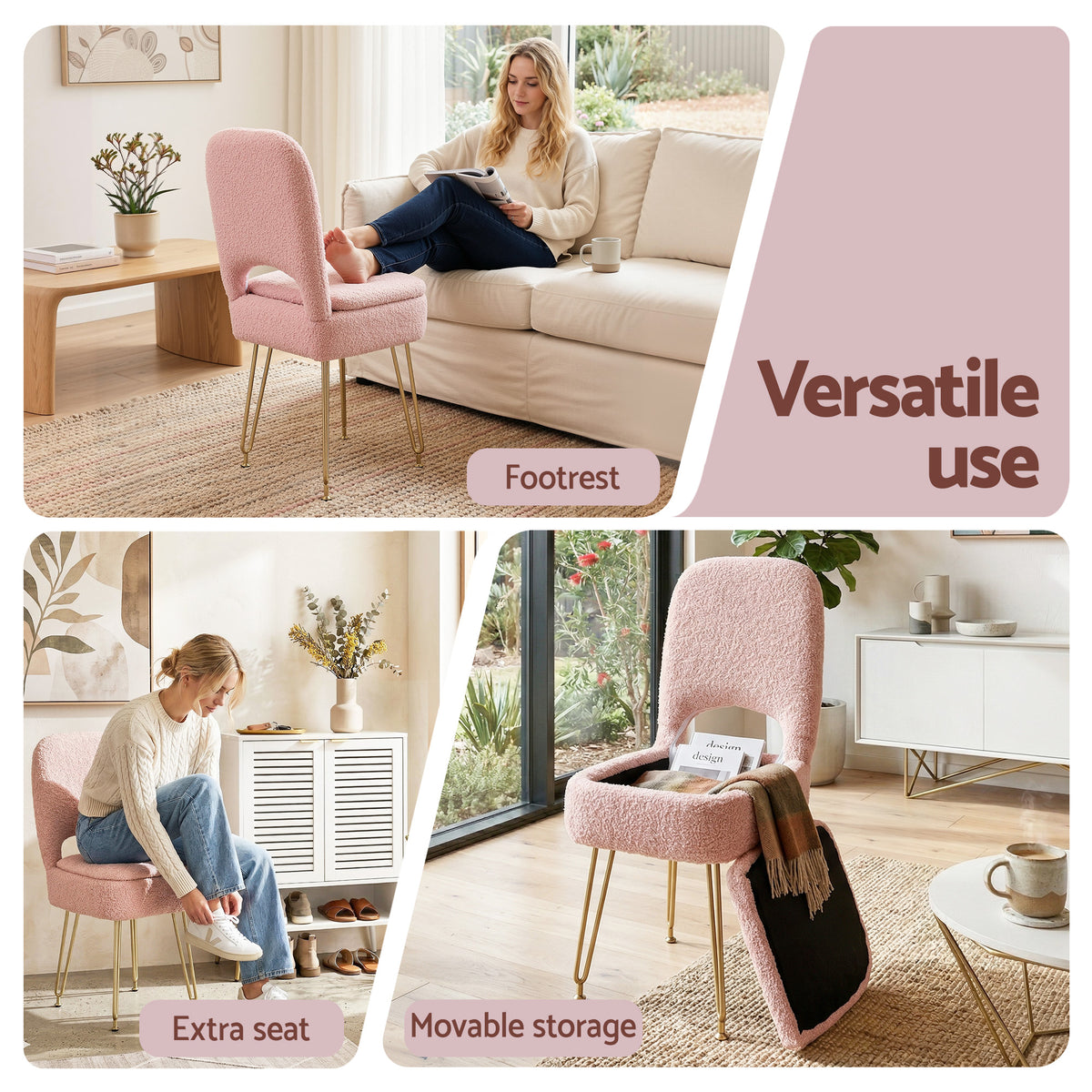 Storage Ottoman Vanity Stool Foot Stool Folding Back - Pink