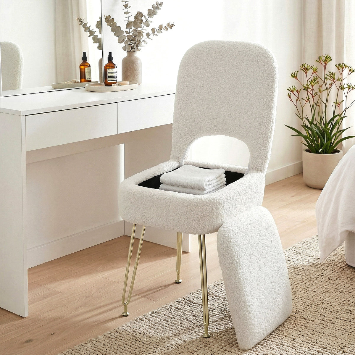Storage Ottoman Vanity Stool Foot Stool Folding Back - White