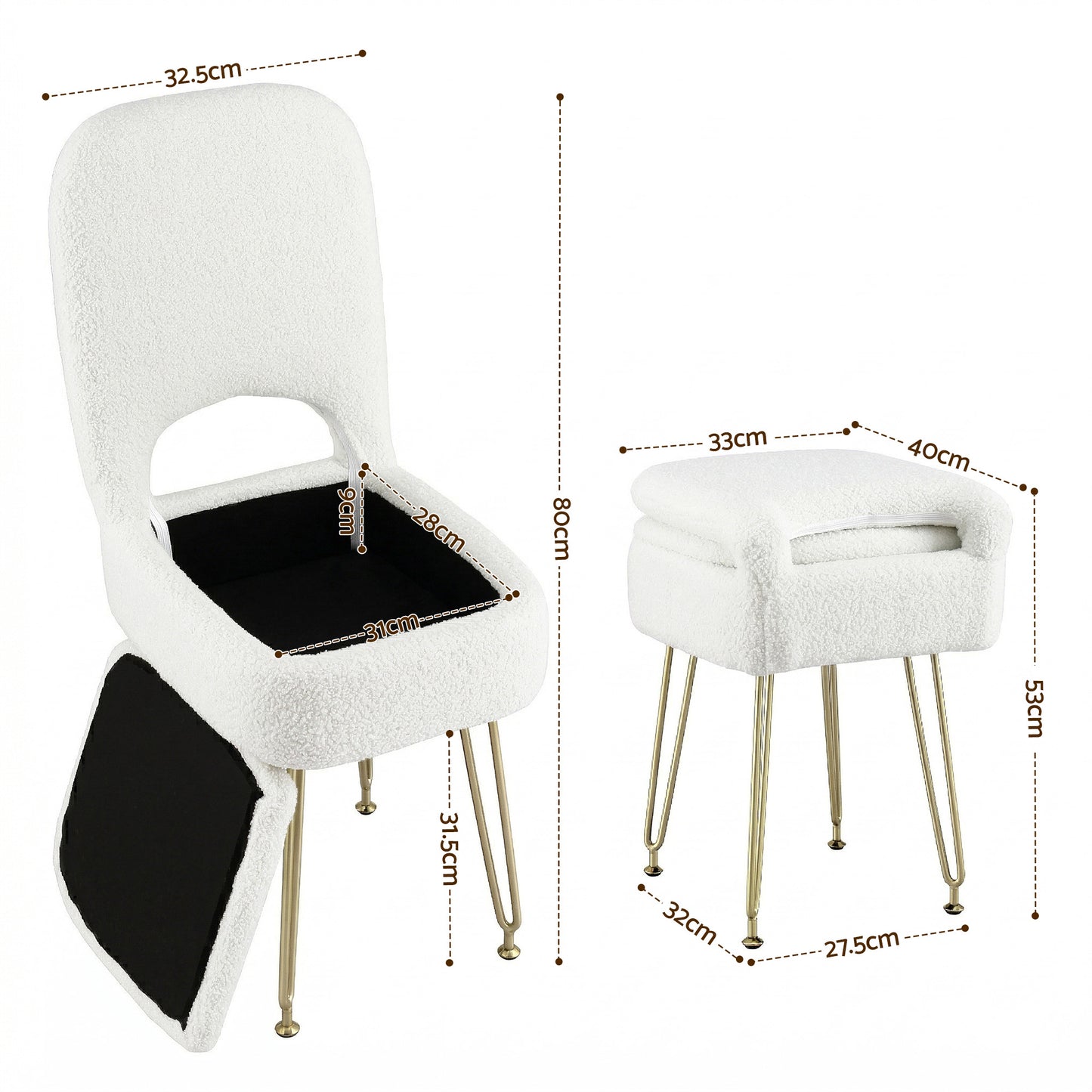 Storage Ottoman Vanity Stool Foot Stool Folding Back - White