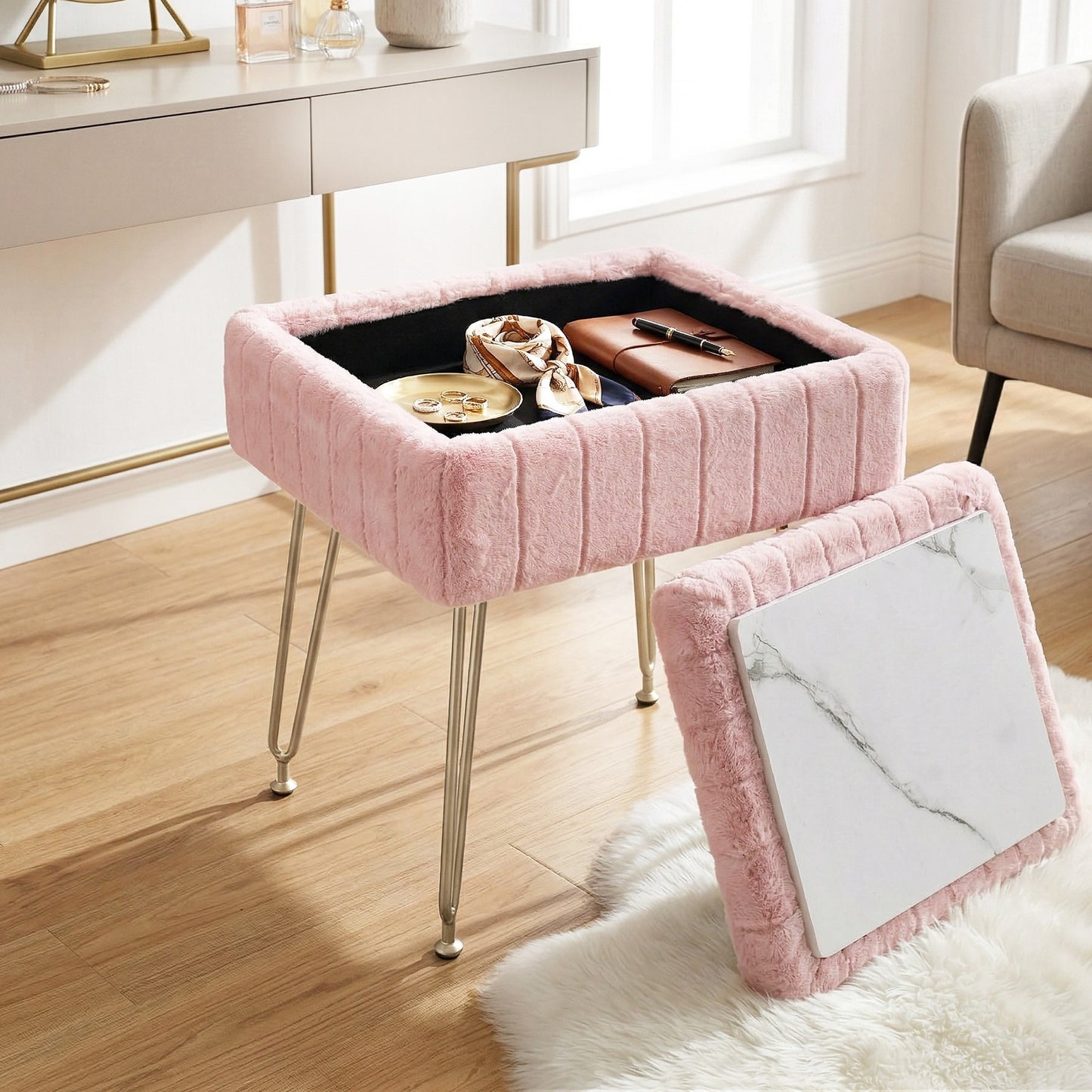 Storage Ottoman Vanity Foot Stool Pink