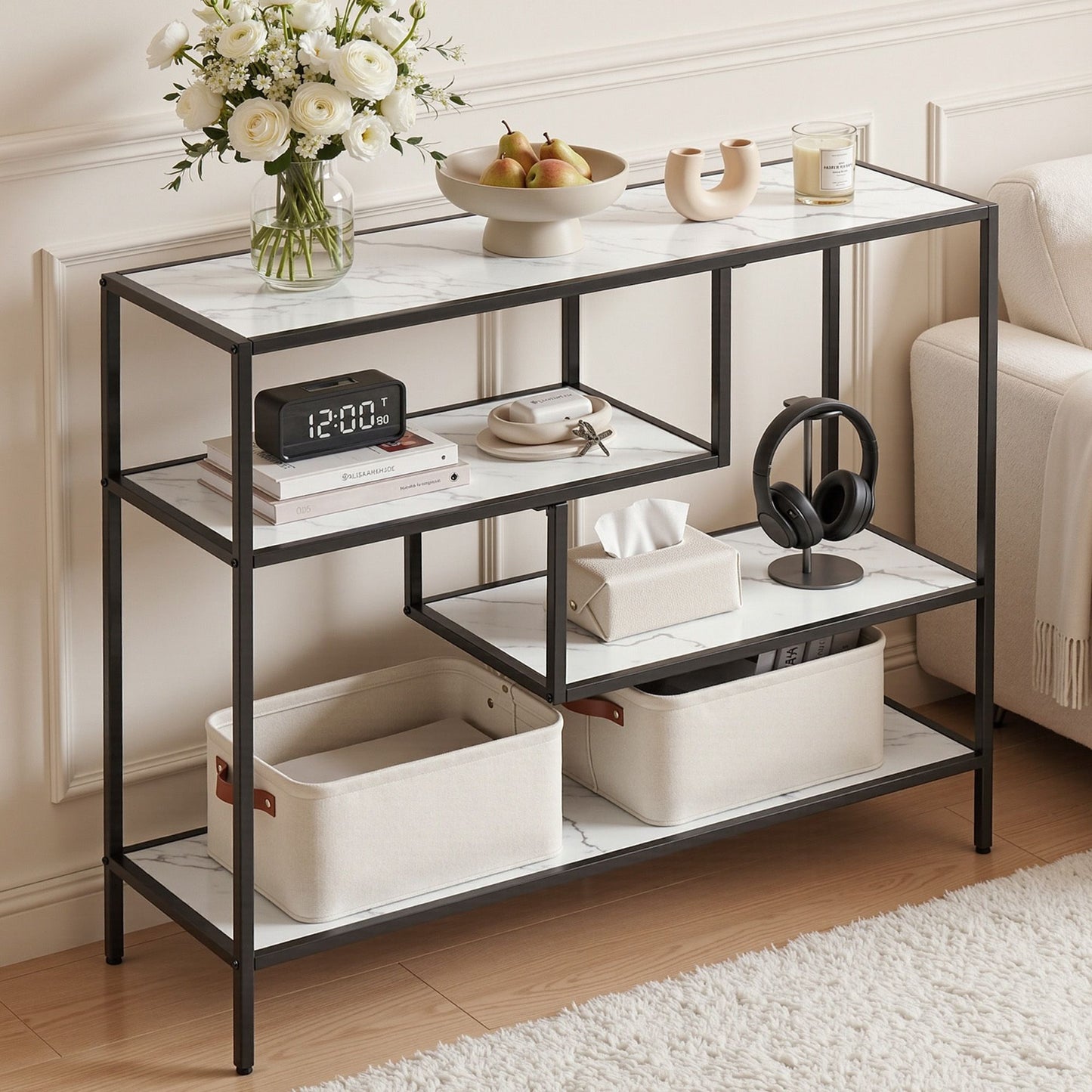 Console Table Entryway Hallway Marble Effect 4-Tier Storage Shelves - White
