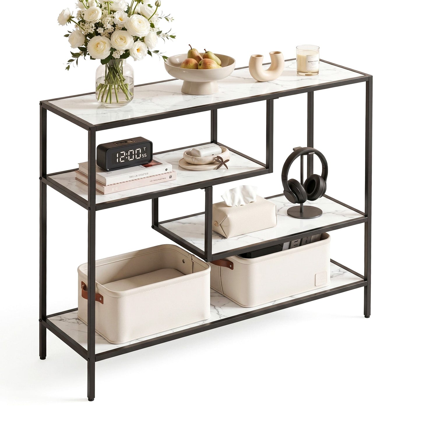 Console Table Entryway Hallway Marble Effect 4-Tier Storage Shelves - White