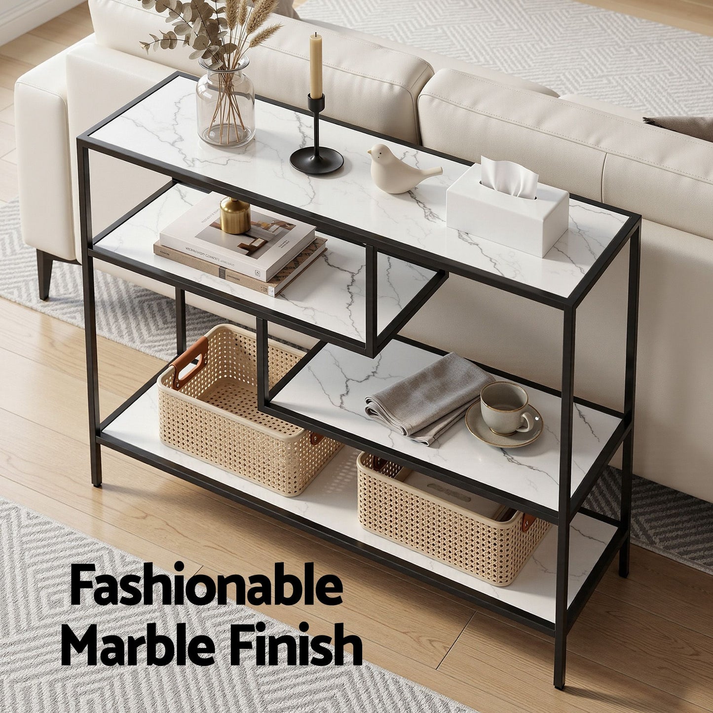 Console Table Entryway Hallway Marble Effect 4-Tier Storage Shelves - White