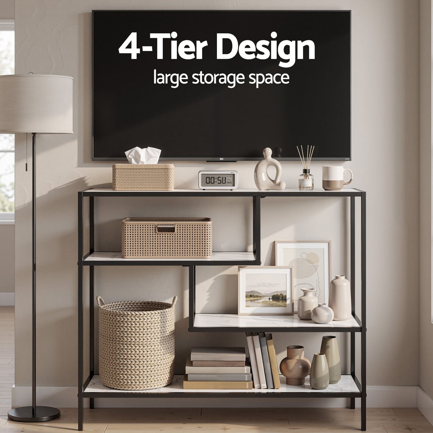 Console Table Entryway Hallway Marble Effect 4-Tier Storage Shelves - White