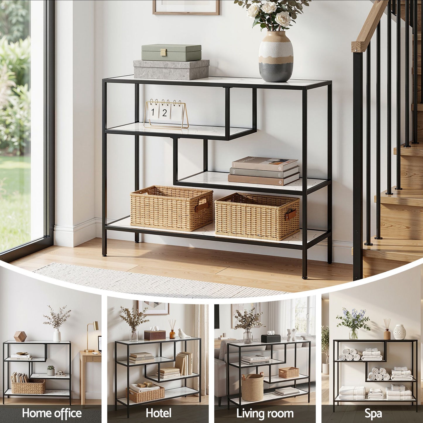 Console Table Entryway Hallway Marble Effect 4-Tier Storage Shelves - White