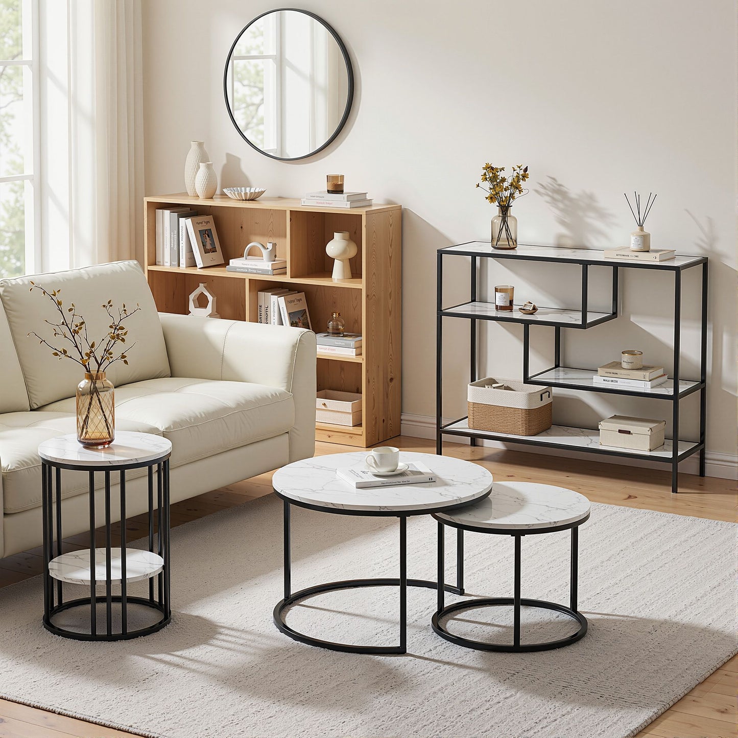 Console Table Entryway Hallway Marble Effect 4-Tier Storage Shelves - White