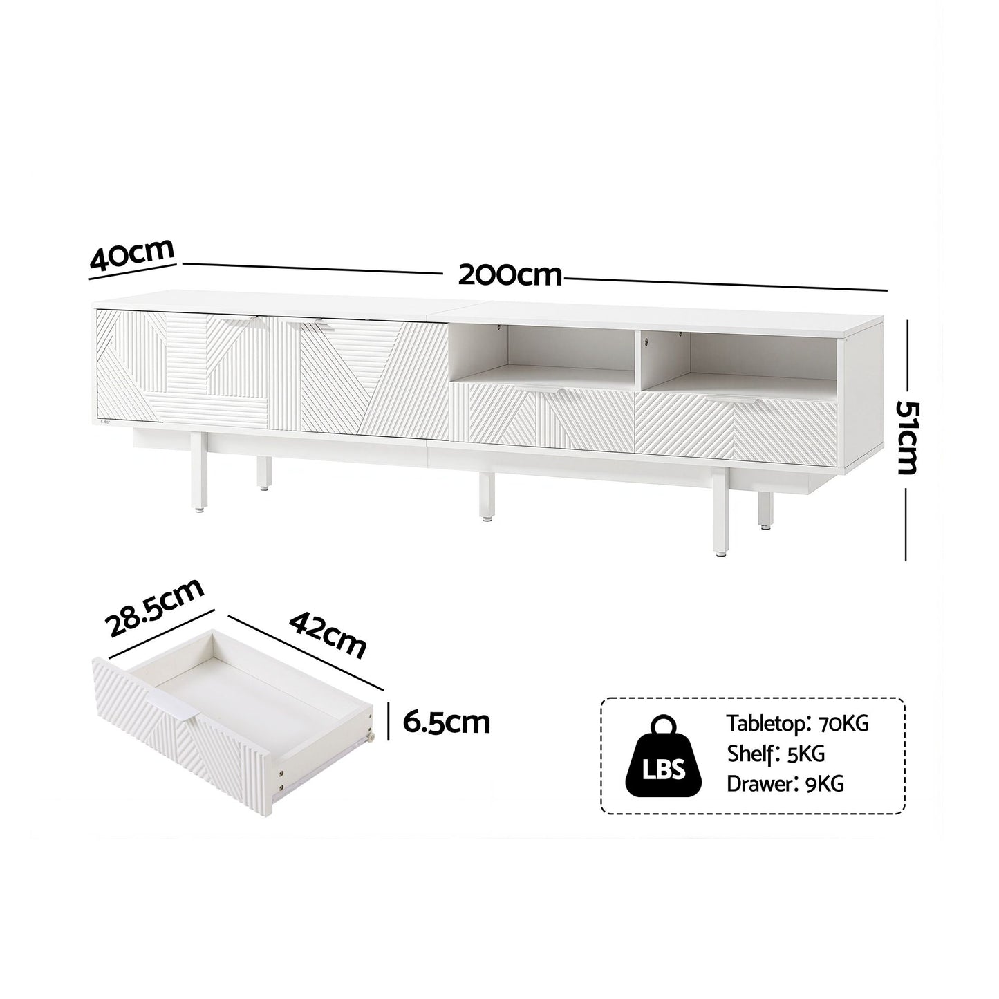 Osric 200cm TV Unit Entertainment Unit Storage Cabinet Drawer - White