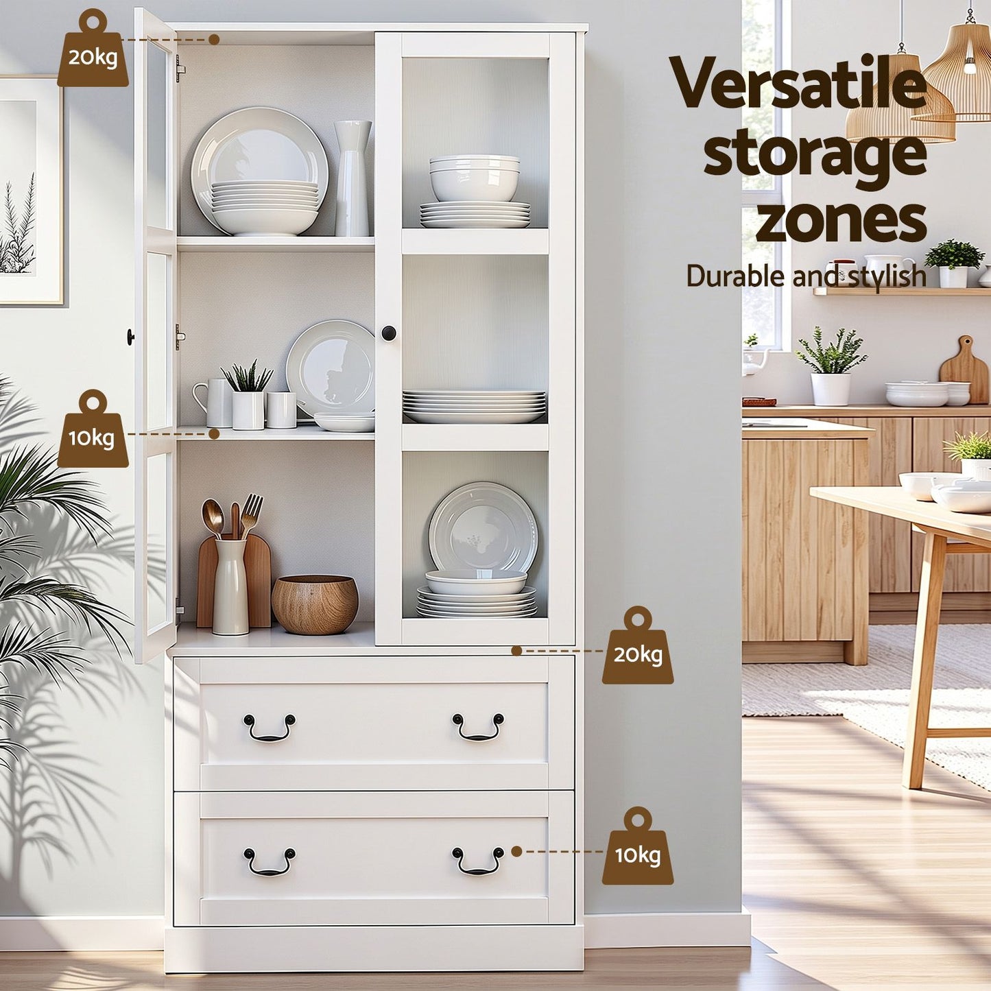 Emmett Buffet Sideboard 180cm Hutch Storage Cabinet Kitchen Drawer Door - White