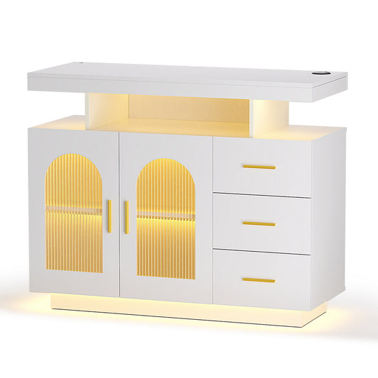 Gannon Buffet Sideboard Cabinet LED Clear Door Kitchen Storage Drawers - White