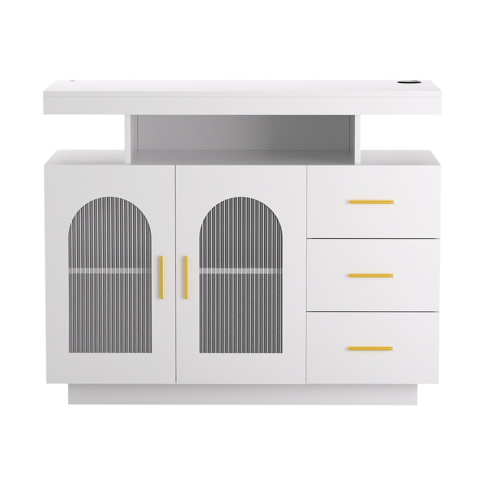 Gannon Buffet Sideboard Cabinet LED Clear Door Kitchen Storage Drawers - White
