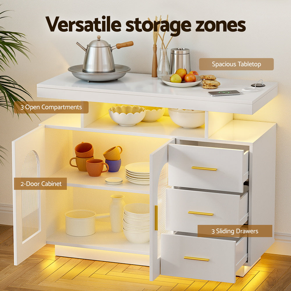 Gannon Buffet Sideboard Cabinet LED Clear Door Kitchen Storage Drawers - White