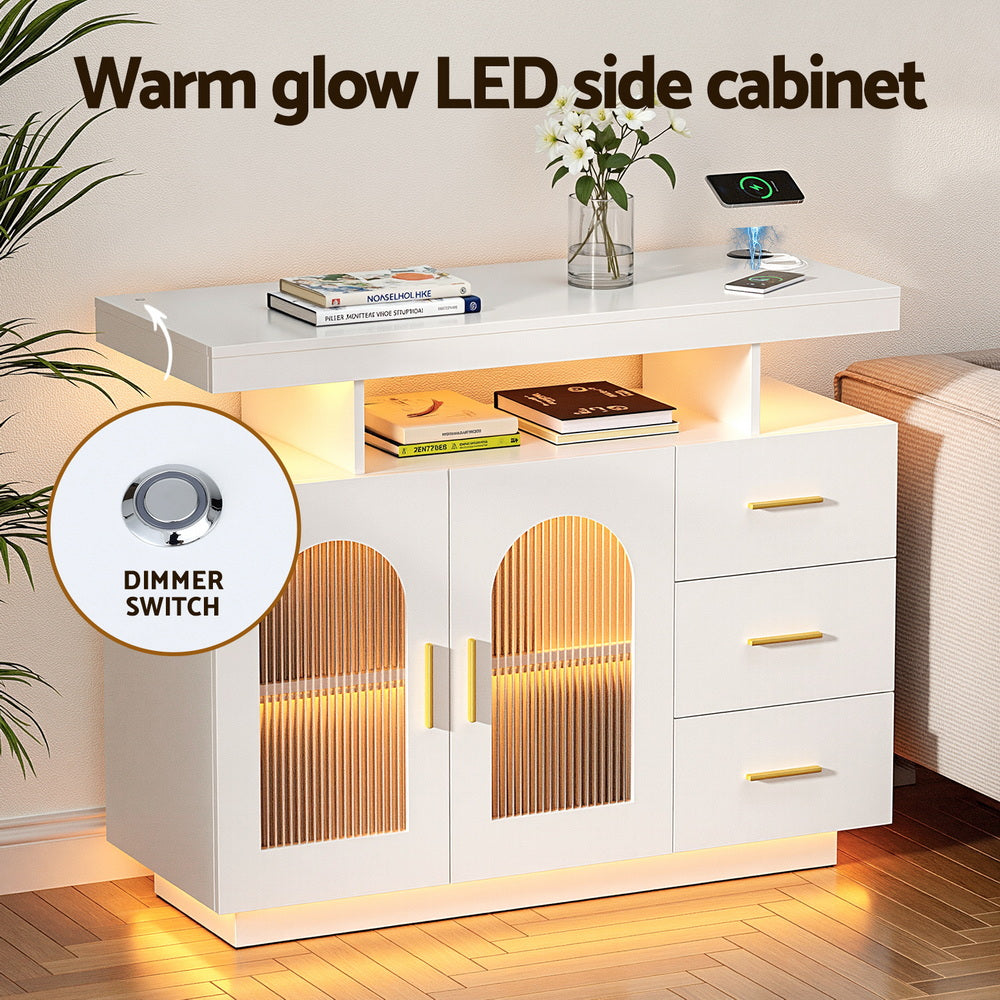 Gannon Buffet Sideboard Cabinet LED Clear Door Kitchen Storage Drawers - White