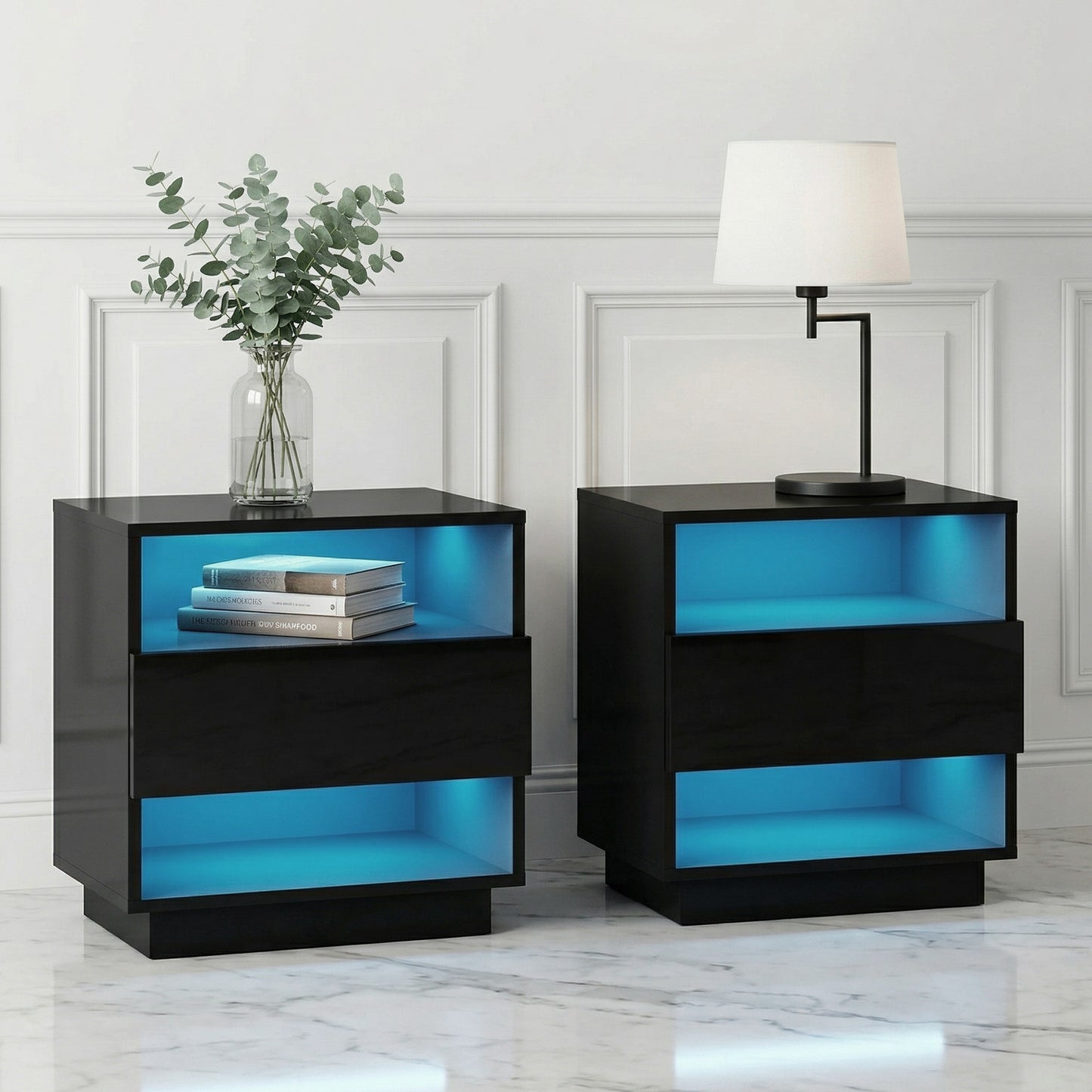 Set of 2 Halifax Bedside Tables LED with 2 Shelves - Black