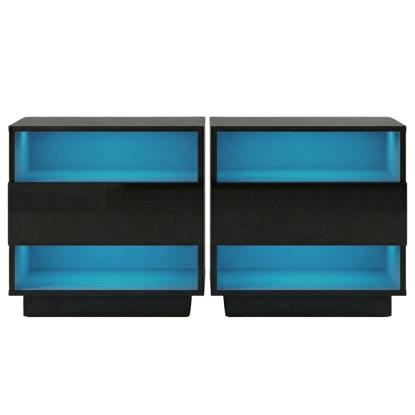 Set of 2 Halifax Bedside Tables LED with 2 Shelves - Black
