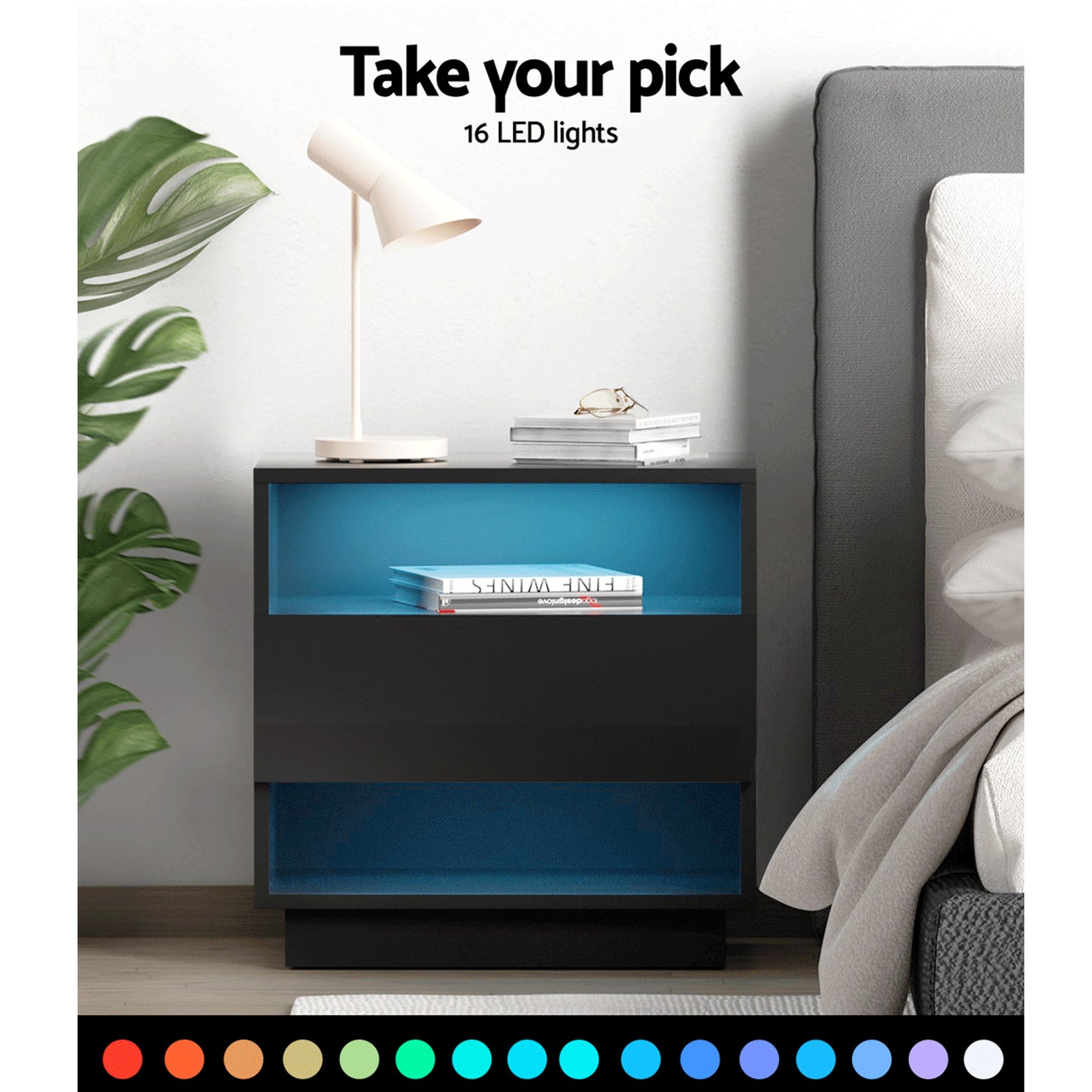 Set of 2 Halifax Bedside Tables LED with 2 Shelves - Black