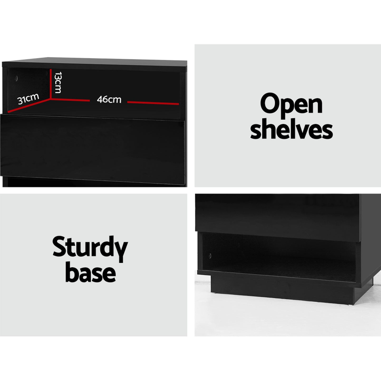 Set of 2 Halifax Bedside Tables LED with 2 Shelves - Black