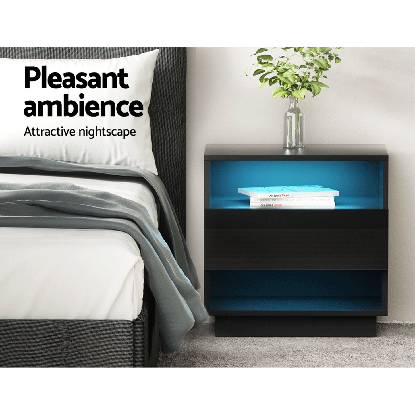 Set of 2 Halifax Bedside Tables LED with 2 Shelves - Black