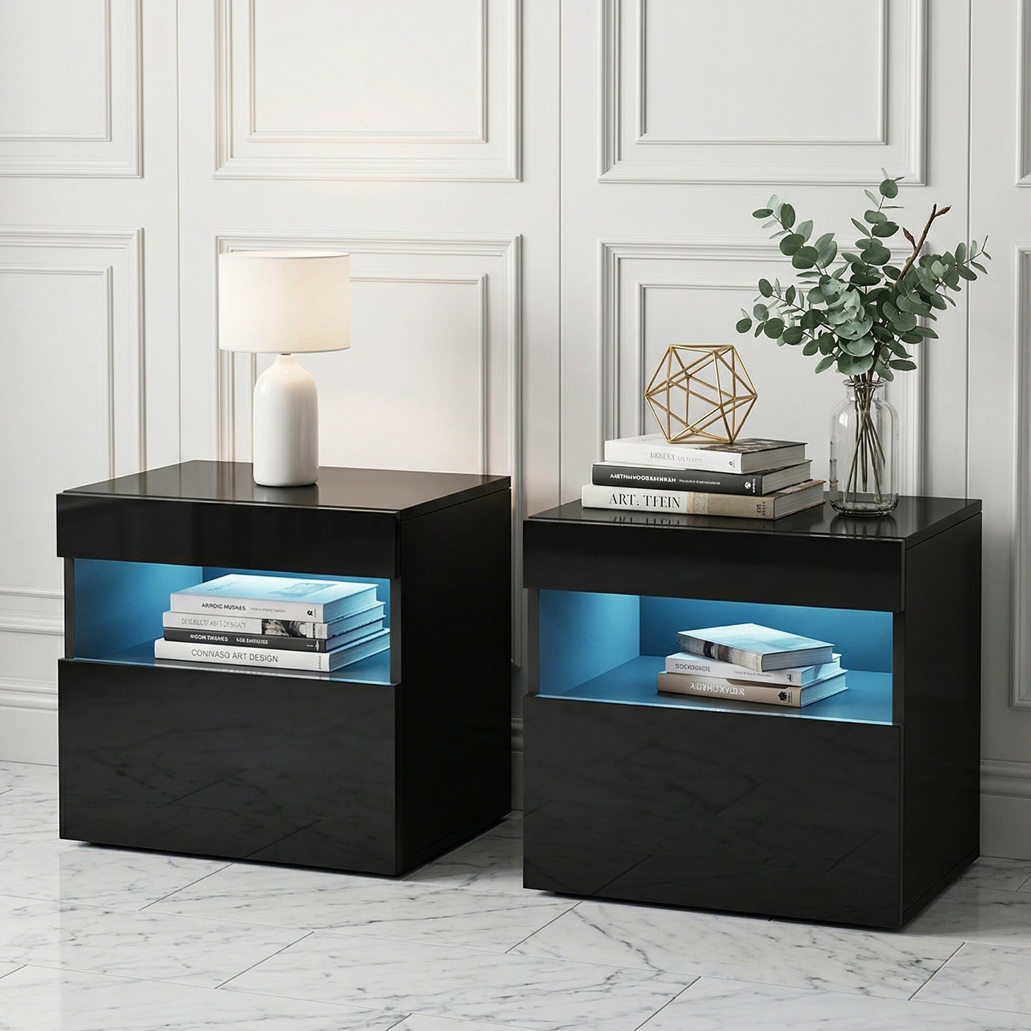 Set of 2 Halifax Bedside Tables LED - Black