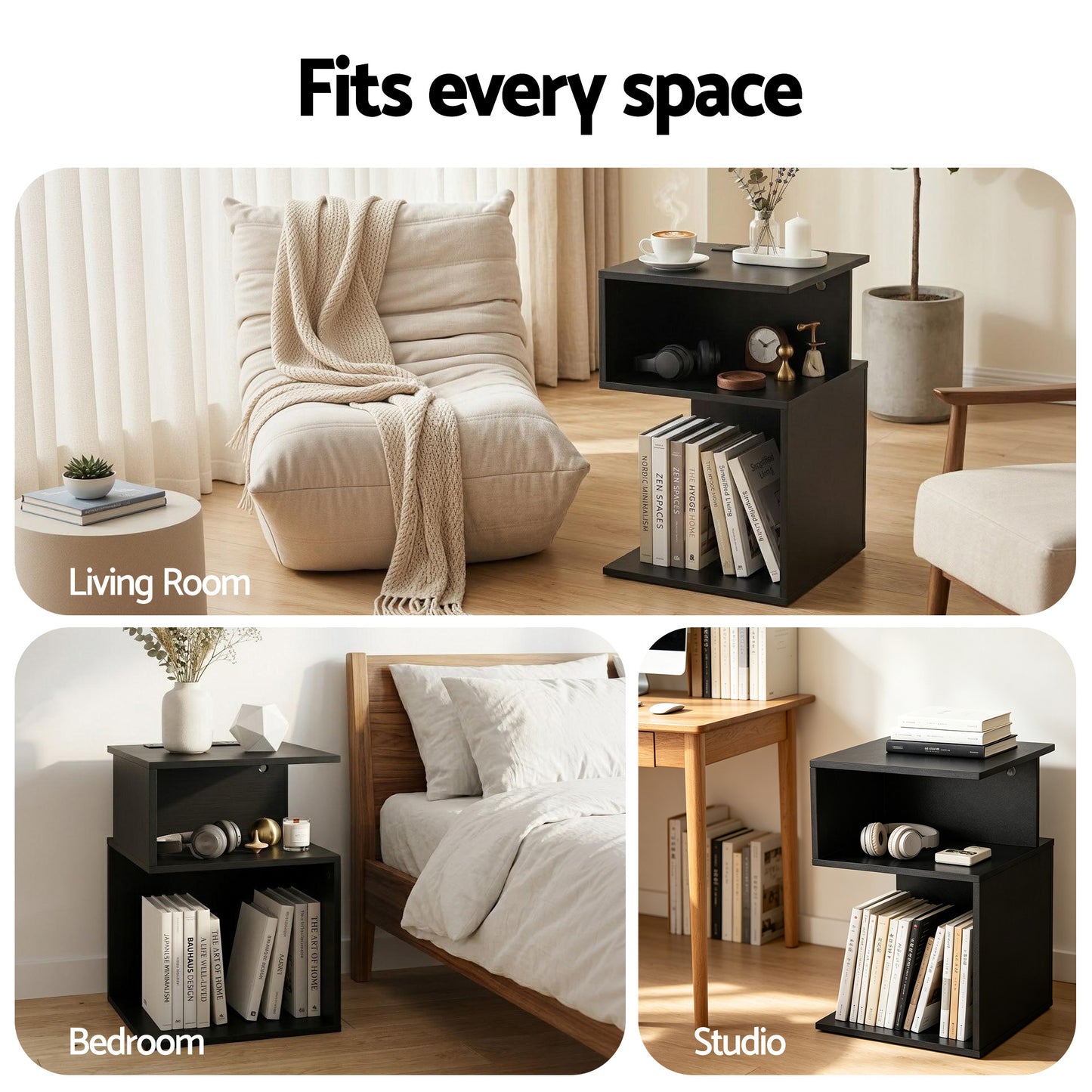 Birch Bedside Tables S-Shaped Charging Station - Black