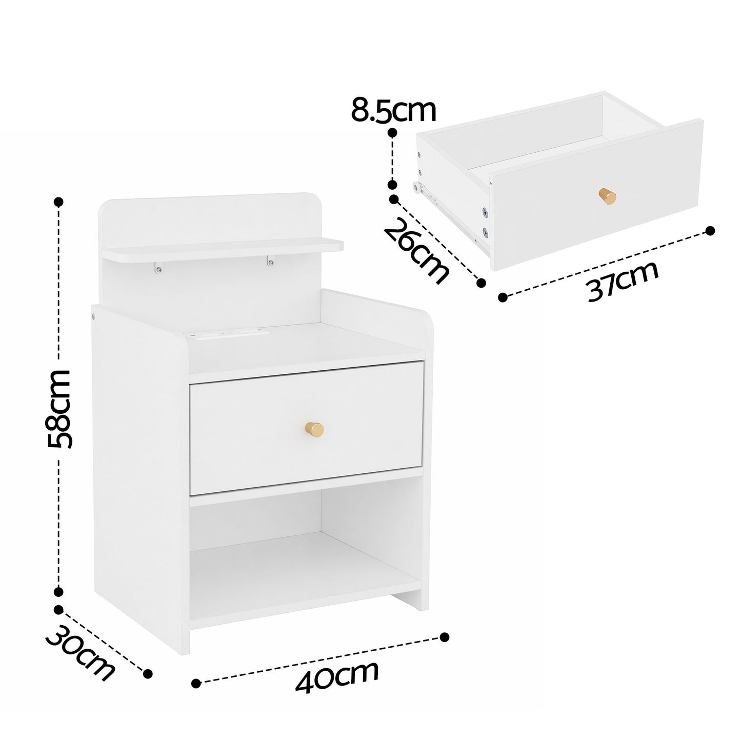 Terra Bedside Tables Drawer Charging Station - White